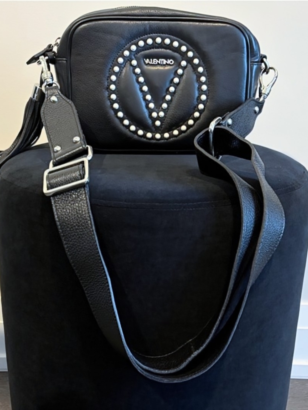 Mario Valentino Mia Black Leather Crossbody W/ Pearl Stud Detail & Guitar Strap